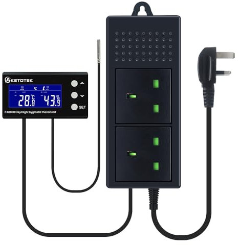 KETOTEK Digital Thermostat Humidistat Plug with Sensor Probe, Day/Night Temperature and Humidity Controller Plug Socket with Timer for Reptile Greenhouse Incubator
