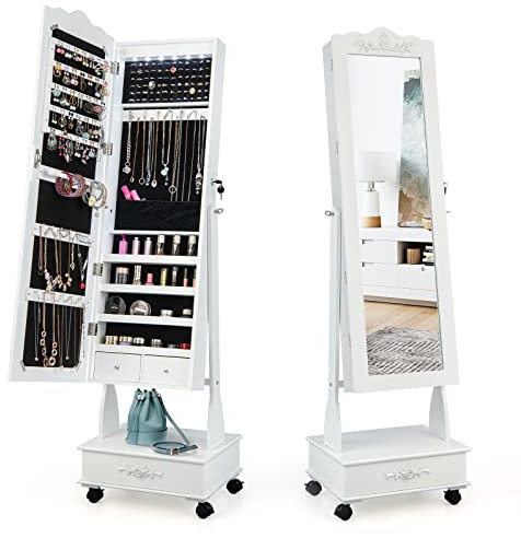 COSTWAY Schmuckschrank mit Spiegel, LED Schmuck Spiegelschrank mit Schublade, Schmuckorganizer abschließbar, auf Rollen, ideal für Aufbewahrung und Make Up