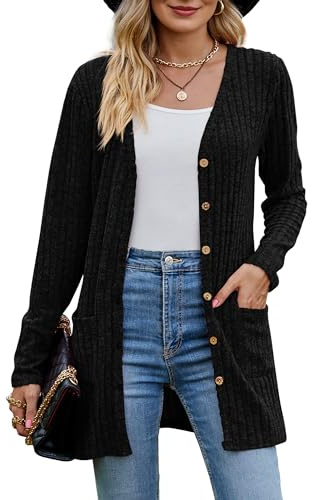 MYCOLORBLUE Alte Zeiten Strickjacken für Damen Elegant Gerippt Cardigan Langarm Knopfleiste mit Taschen Strickcardigan