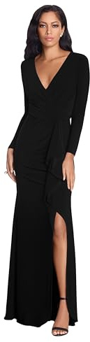 Betsy & Adam Women's V-Neck Long Sleeve, Floor-Length Gown with Side Ruffle Detail and Slit, Black, 8