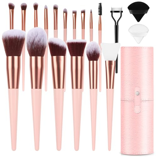 Makeup Brush Set, 17PCs Makeup Brushes with Foundation Eyebrow Blending Concealer Blush Eyeshadow Contour Lash Powder Brush, Make Up Brushes Kit with Organizer Travel Case (Medium, Pink)