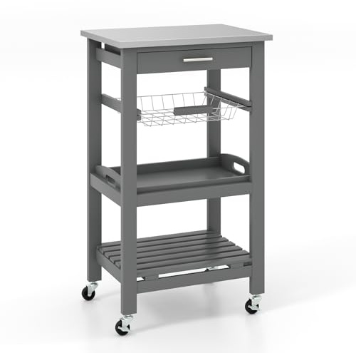 GiantexUK 4-Tier Kitchen Storage Trolley on Wheels, Rolling Storage Cart with Stainless Tabletop, Pull-out Drawer & Wire Basket, Mobile Utility Serving Cart for Dining Living Room (Grey Body)