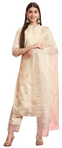 VredeVogel Women's Silk Blend Embroidered Kurta with Pant & Dupatta Set (Beige_XX-Large)