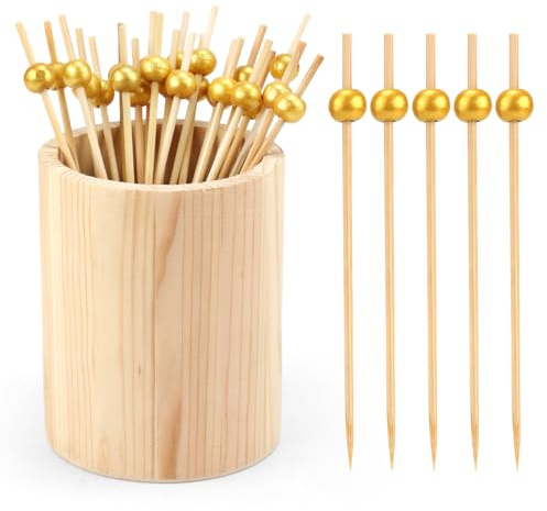 100 Piezas Palillos para Cocteles con Soporte, 12cm Palillos para Aperitivos Perla Dorada Palillos de Dientes Decorativos Madera Palitos de Comida para Bebidas Frutas Postres Bodas Fiestas Decoración