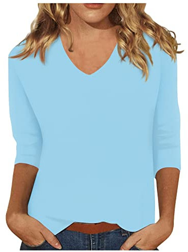 Vente Flash du Jour Et Soldes,Haut Femme Chic Et Elegant Tee Shirt Femme Manche 3/4 Chemisiers Et Blouses Femme Vêtements Femme Grande Taille Été Col en V à De Couleur Unie Top(Blue,XL)