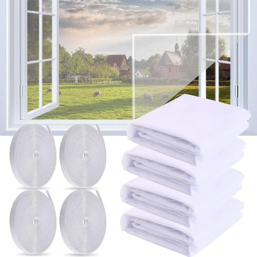 4 Pièces Moustiquaire Fenetre,150x130cm Moustiquaire Pour Fenêtre Avec 4 Rouleaux De Bandes Autocollantes, Filet Écran Insecte,Moustiquaires Pour Fenêtre,Sans Perçage Facile à Installer. Blanc
