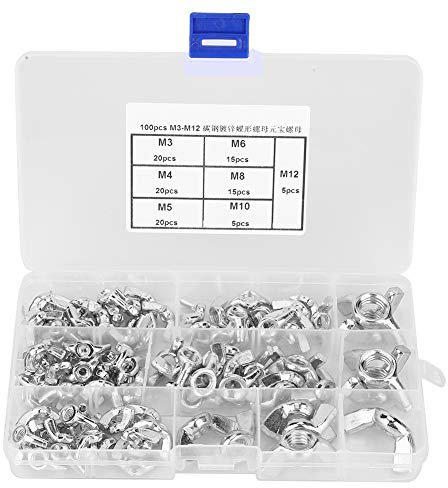 100 Stück Flügelmuttern aus Kohlenstoffstahl, Flügelmuttern M3, M4, M5, M6, M8, M10, M12, Tragbare Box für Lagerung und Transport, Inklusive 7 Verschiedenen Größen