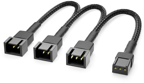 deleyCON 20cm 3-Pin Lüfter Verteilerkabel Nylonmantel - Schwarz | Kurzes 20cm, Verlängerungskabel Lüfterkabel Splitter Kabel für PC, Computer und Workstation