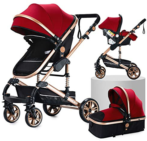 NADDLILY Kinderwagen 3 in 1, Buggy mit Umkehrbarem Zwei-Wege-Schub, Kinderwagen mit Faltbarem Tragbarem One-Click-Design, Kinderwagens 3 in 1 Komplettset mit Zubehör Hohe Landschaft (739 Red)