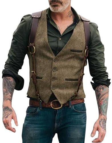 Tweed väst herr engelska – herrvästar sportig elegant utomhus lätt – smoking elegant vintage enradiga kostymvästar ärmlös väst utomhus V-ringad ärmlösa västar smoking kostymvästar, BRUN, XXL