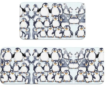 YQxwJL Viele niedliche Baby-Pinguine, Skizzen-Druck, Küchenteppich, rutschfest, 2er-Set, bequeme Stehmatten für Küche, Büro