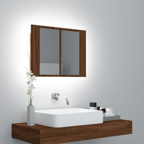 TREISL Spiegelschrank für Badezimmer Haus mit LED Eiche Braun 60 x 12 x 45 cm Mehrschichtiges Holz Eleganter Spiegelschrank mit 2 Fächern Feuchtigkeitsbeständigkeit