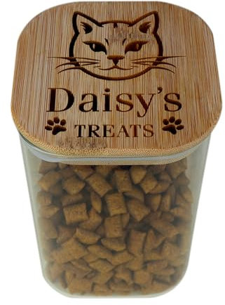 Personalised pet cat treat jar. Borosilicate glass with laser engraved bamboo lid with cat's name. Cat food treat storage container