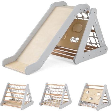 GYMAX 4 in 1 Kids Climbing Set, Wooden Toddler Climber with Slide, Outdoor Indoor 3 Sides Climbing Frame for 1 Years Old + Boys Girls (Natural+Grey)