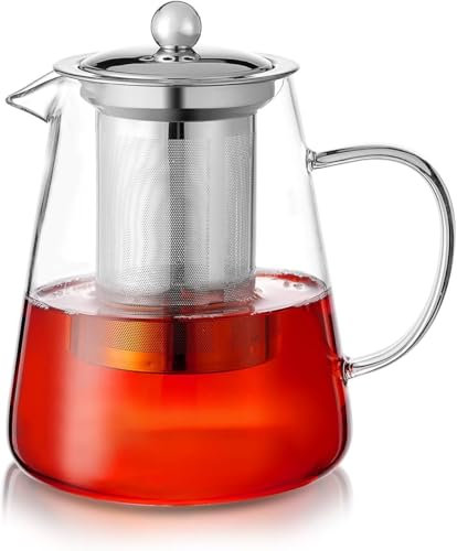 PluieSoleil 950ML Clear Glass Teapot with Infuser, Round Shape Infuser Tea Pot, Heat-Resistant Borosilicate Glass Strainer Teapot, Stovetop Safe Tea Maker