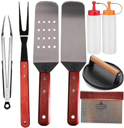 La Cuisine Grill-Zubehör-Set mit flacher Oberseite, inklusive massiven und perforierten Spateln, Gabel, Zange, Gusseisen-Fleischpresse, Gewürz-Quetschflaschen zum Grillen von Hibachi und Teppanyaki, 8