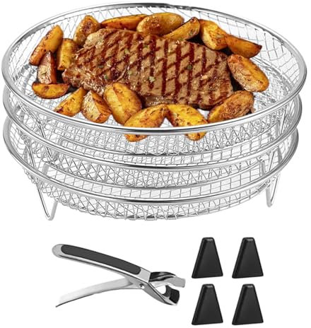 Lot de 3 étagères rondes pour friteuse à air chaud, 20 cm, en acier inoxydable 304, avec 4 pieds en silicone et 1 pince à épiler, panier empilable pour four, micro-ondes, cuisson