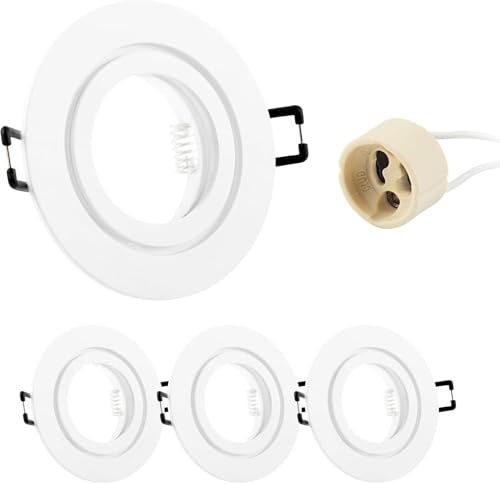Doughelec 4x Spot Encastrable GU10 Aluminium, IP44 Blanc Support Spot Encastrable Cadre De Montage Avec Douille GU10, Rond Spot de Plafond 68mm imperméable extra plat Pour LED Salle de bain, 230V