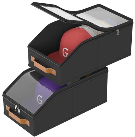 YKDIRECT Hut-Organizer für Baseballkappen (Set mit 2 Stück, kann 16-24 Hüte halten), Aufbewahrungsbox für Hüte für Schrank & Schrank, große Hutbox für Innenbereich & Reisen (dunkel schwarz, 2 Stück)