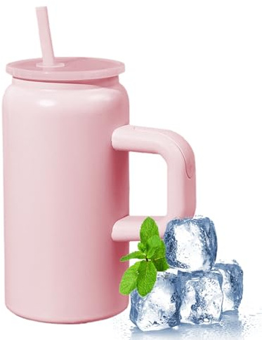 Borraccia con cannuccia, tazza da caffè con manico, 473 ml, in acciaio inox, portatile, per pendolari, escursionismo, ciclismo, campeggio, palestra, auto, posto di lavoro a casa