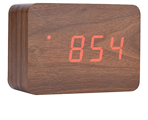 Holigie Digitaler Wecker aus Holz, LED-Temperaturanzeige, Schlummerfunktion, Tonsteuerung, Moderne Nachttischuhr für das Home Office (Braunes Holz + rotes Licht)