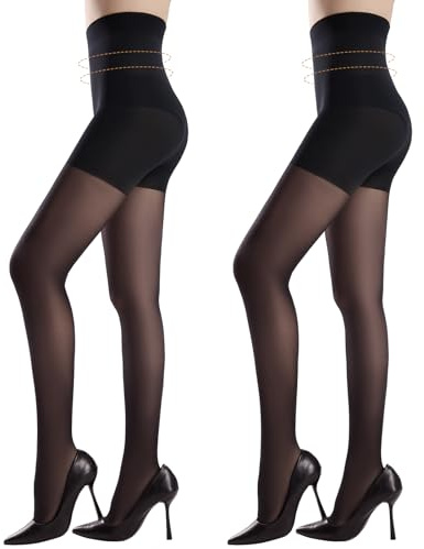 Yilanmy 2 Pairs Tummy Control Tights for Women High Waisted Slimming Tights Sheer Shapewear Pantyhose(Black, M)