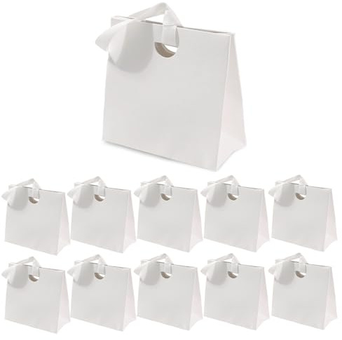 10 Stück Mini Geschenktüten, Geschenktüten mit Henkel 15,5 x 7,5 x 14,5 cm, Klein Papiertüten für Hochzeit Geburtstag Gastgeschenke Kommunion Taufe (Weiß)