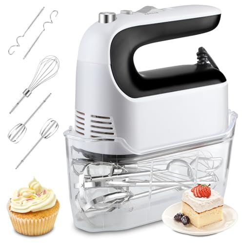Panana Hand Mixer Electric Whisk, 5 Self Control Speed with Turbo Button, Food Kitchen Mixer with 5 Stainless Steel Accessories for Baking, Dough, Bread, Eggs, Cream, Snap-on Storage Case (White)
