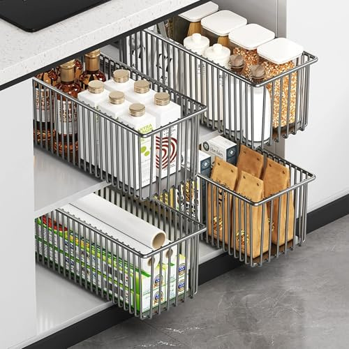 IVTUVTI 4er-Pack ausziehbare Korbschubladen für Schränke, abnehmbarer Zugkorb, ausziehbare Korbschubladen, Speisekammerorganisation Küche Aufbewahrungsregal Korb für Schrank, Restaurant, Badezimmer