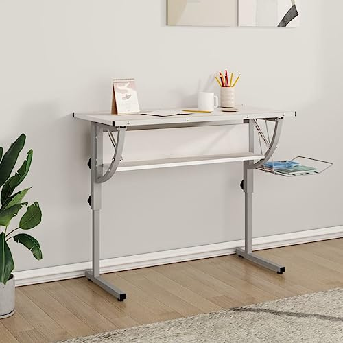 KTHLBRH Zeichentisch aus Holz und Stahl, weiß und grau, verstellbar, mit Regal, multifunktionaler Schreibtisch für Arbeitszimmer oder Büro, 110 x 53 x (58-87) cm
