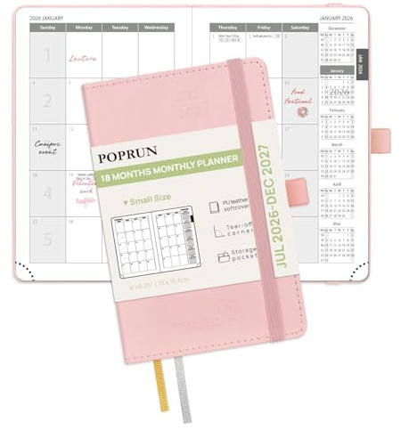 POPRUN Month to View Pocket Diary 2026-2027 Small Diary A6 (10x15.6cm) | 18-Months (Jul'26 - Dec'27) Monthly Planner, Small 26/27 Diary, Soft PU Leather Cover, Sunday Start (Pink)