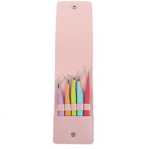 Hohopeti Juego de Pinzas para Extensiones de Pestañas de Acero Inoxidable 5 Unidades Estuche de Piel Precisión Profesional para Pestañas Individuales Grupo Herramientas Ergonómicas para