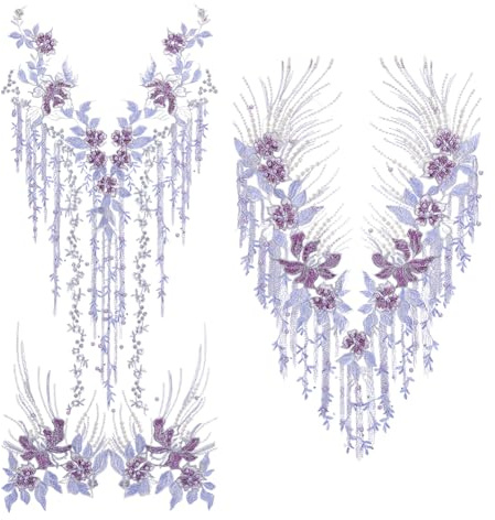 NBEADS Tessuto con fiori di perline da 11,4 m, applicazione in pizzo con fiori di perline da 31 cm di larghezza Tessuto a rete ricamato con motivi floreali 3D per abiti fai da te, lilla