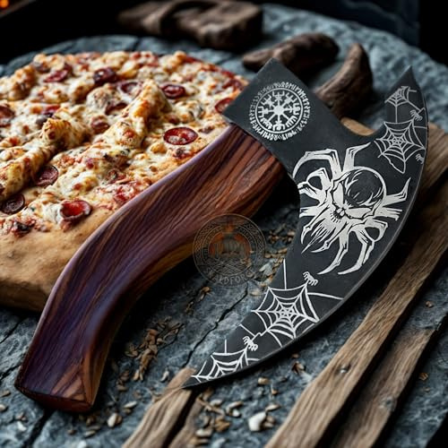 Handmade Viking Pizza Cutter Axe with Leather Sheath - Carbon Steel Axe Blade with Wood Handle - Viking Style Pizza Cutter Design, Best for Him and Her
