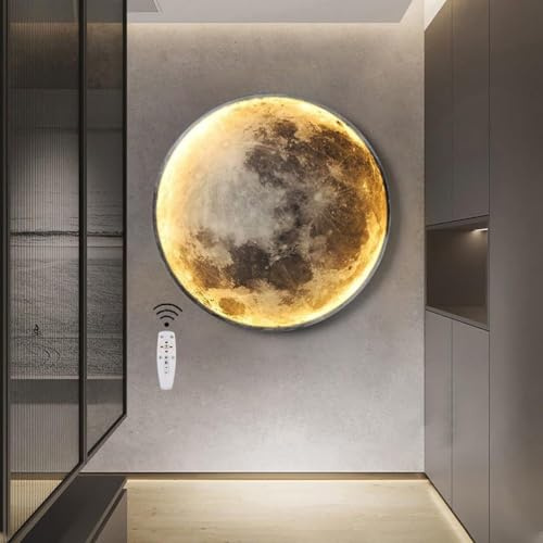 OOWOKS Übergröße 100cm LED Mond Wandleuchte Dimmbar mit Fernbedienung 55W Art Deco Wohnzimmerlampe Wandlampe Runde Ultradünn Wandbeleuchtung 3D Mond Lampe für Kinderzimmer Schlafzimme Deckenlampe