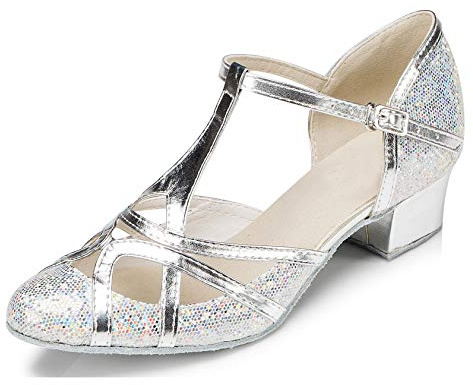 MINITOO Dam latinsk salsa T-rem stängd tå syntetisk balsal dansskor kväll bröllopspumpar, Qj6133 Silver 3 5 cm klack, 39 EU