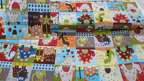 StoffBook bunt/blau Baumwollstoff Dinos Kinder Patchworkstoff, Baumwollmischung, Stoff zum Nähen & Kleben, Kinderzimmer, DIY, Baby, Stoffe für Kinderkleidung und Bastelprojekte, c422