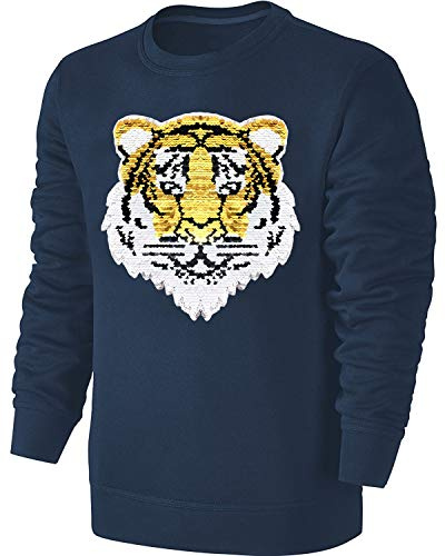 Blackshirt Company Kinder Wende Pailletten Sweatshirt Tiger Streichel Pullover Blau