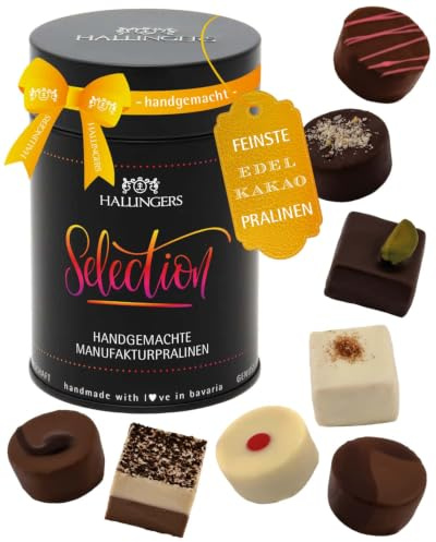 Hallingers Genuss Manufaktur Pralinen Geschenk - ohne Alkohol, handmade aus Confiserie-Edelkakao in wertiger Geschenkdose Selection, Geschenkidee für Frauen Männer