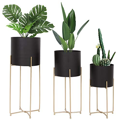 Sinolodo Mid Century Pflanzgefäß mit goldfarbenem Pflanzenständer, 3 Stück, Moderne Pflanzgefäße für Zimmerpflanzen, Metall-Boden-Pflanzgefäß-Set mit faltbarem Ständer (3 Stück)