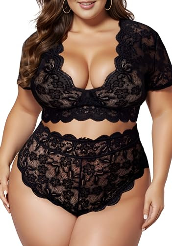 JuicyRose Ensemble de Lingerie 2 pièces pour Femme Sexy en V Profond avec Soutien-Gorge en Dentelle et Culotte Taille Haute, Noir/Blanc, XXL