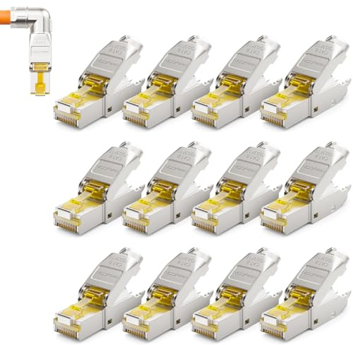 deleyCON CAT 8 Netzwerkstecker 90° Winkel RJ45 40 Gbit/s, 12 Stück | Werkzeuglos, geschirmt, für starre Verlegekabel, Rohkabel, Steckverbinder RJ45 Ethernet LAN DSL Patchkabel