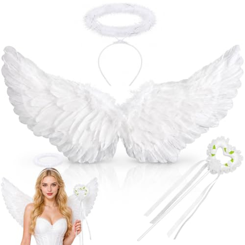 60CM Engelsflügel Weiß,Federflügel Engel mit Heiligenschein und Zauberstab | Engel Flügel,Weiße Flügel Damen,Engelsflügel Deko,Federflügel Engel für Party Fasching Kostüme Deko,Kostümparty Verkleidung