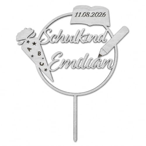 Cake Topper zur Einschulung mit Namen personalisiert Tortendekoration zum Schulanfang aus Holz (Silber)