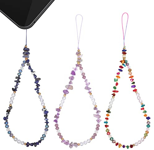 Phone Charm, 3PCS Beaded Phone Charm Handmade Natural Stone Lanyard Wrist Strap Beads Chain Wrist Strap Anti Lost Bracelet Girl