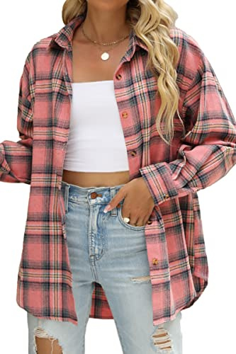 CHYRII Womens Button Down Flannel Shirts Long Sleeve Plaid Shackets Business Casual Blouse Top, Pink -7122, L