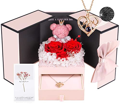 ADDWel Preserved Real Roses with I Love You in 100 Languages Mom Necklace Set, Unique Mothers Day Set for Mom from Son and Daughter, Birthday Gift Box for Mama Mother