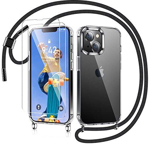 AROYI Handykette für iPhone 14 Hülle mit Band Und 2 Stück Schutzfolie, Transparent Silikon Handyhülle für iPhone 14 mit Kette zum Umhängeband Abnehmbar Stossfest Schutzhülle - Schwarz