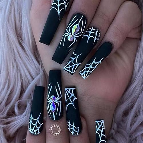 Handcess Künstliche Fingernägel für Halloween, lang, schwarz, zum Aufdrücken, Spinnen-Nägel, Acryl, matt, zum Aufkleben, für Damen und Mädchen (24 Stück)