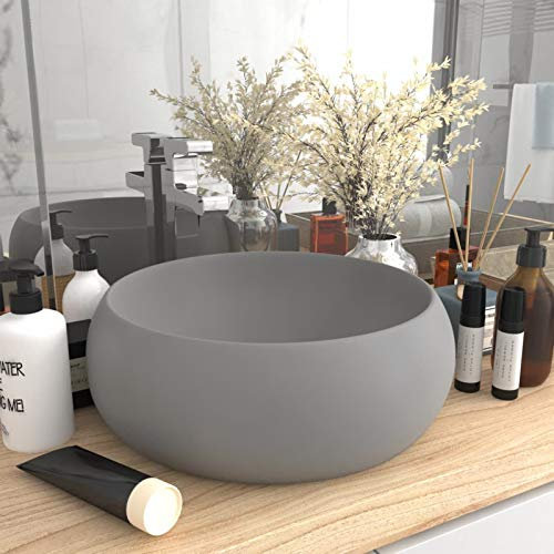 BaraSh Luxuriöses Waschbecken Rund Matt Hellgrau 40x15 cm Keramik Waschtischunterschrank FüR Aufsatzwaschbecken